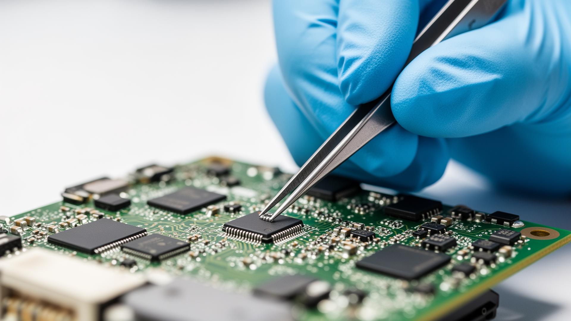 Close-up of an SMD component being placed on a circuit board under magnification