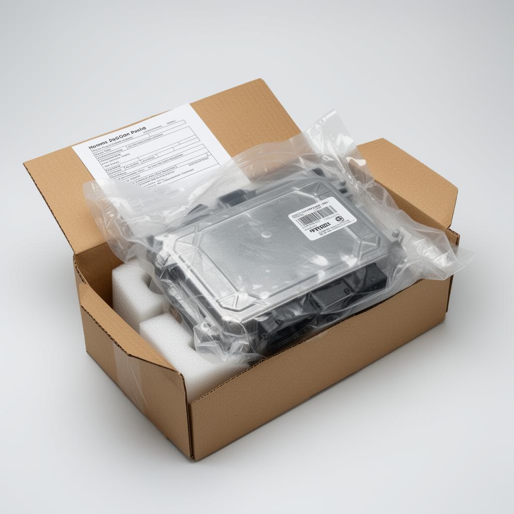 A repaired automotive control module packed in an anti-static bag inside a sturdy shipping box