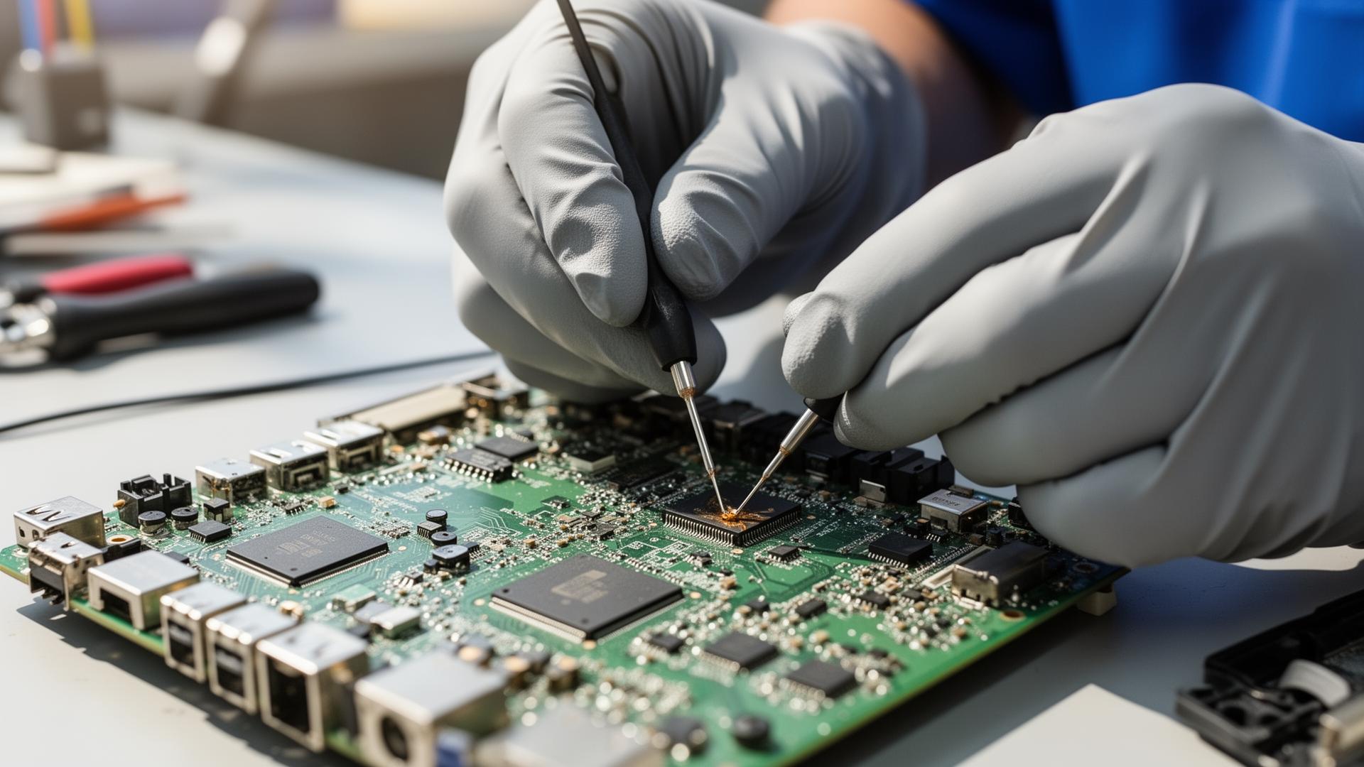 TMW Repairs technician performing component-level work on an automotive control module